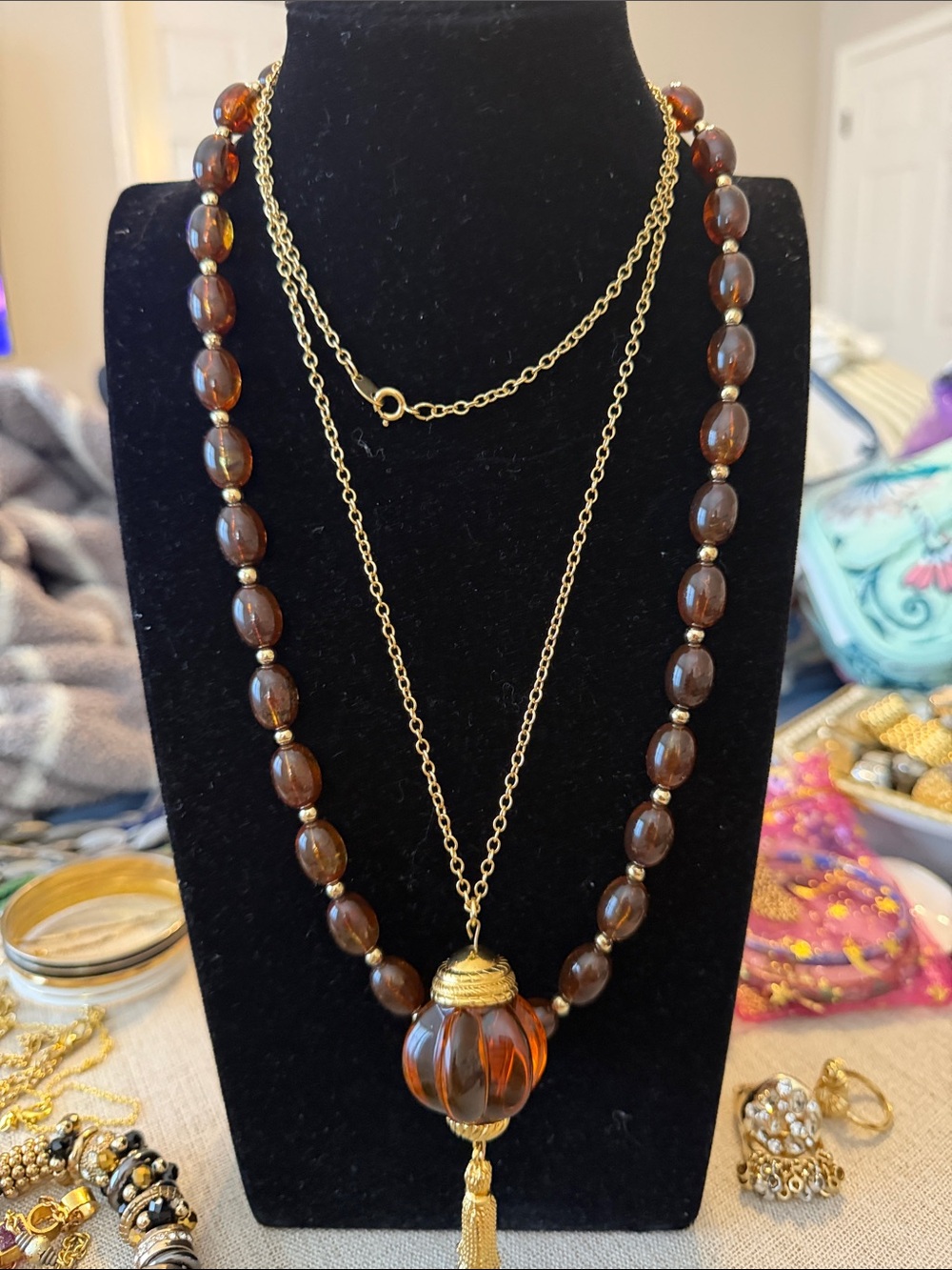Avon Gold-Tone Chain Necklace with Brown Bead Pendant and Tassel
